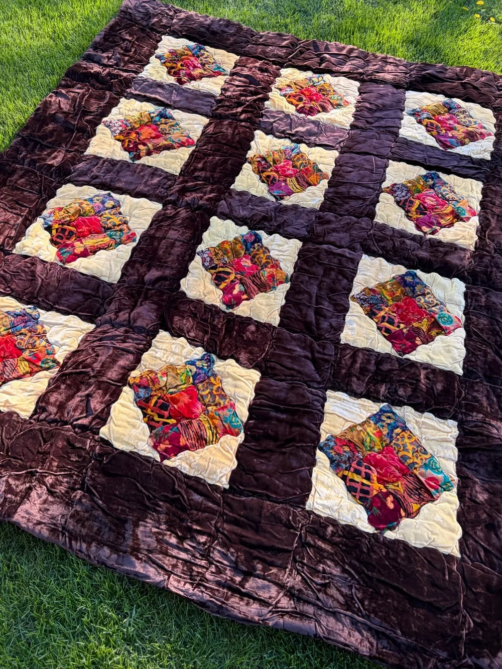 Vintage 70s 1970 patchwork quilted velvet velour quilt comforter blanket boho